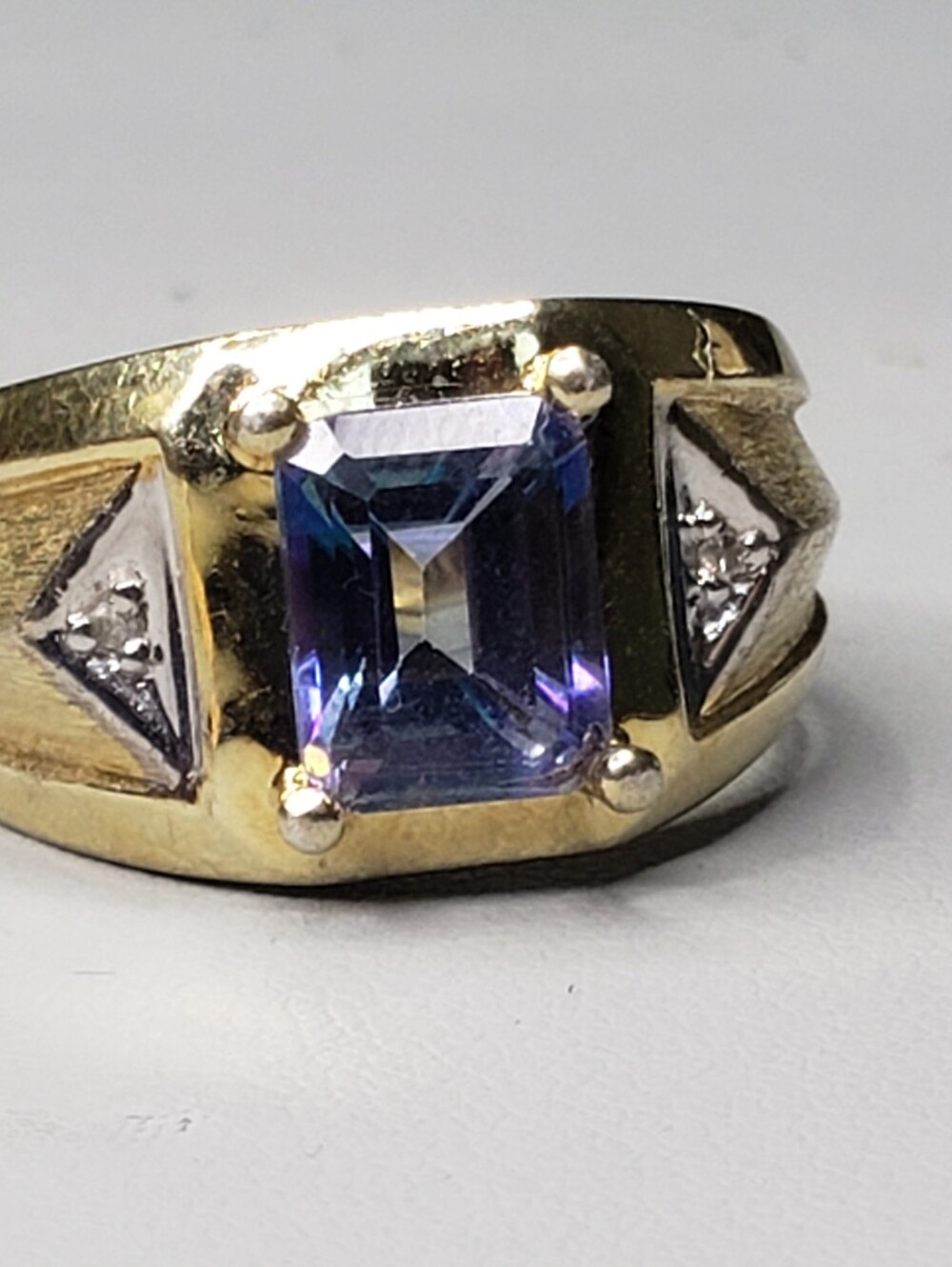 Gold Over Sterling Tank Ring with Blue-Purple Emerald Cut Sapphire And Diamonds - Picture 2 of 3